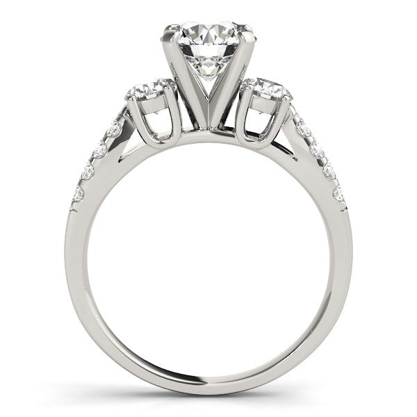 14k white gold split shank engagement ring featuring three round diamonds in a modern prong setting.