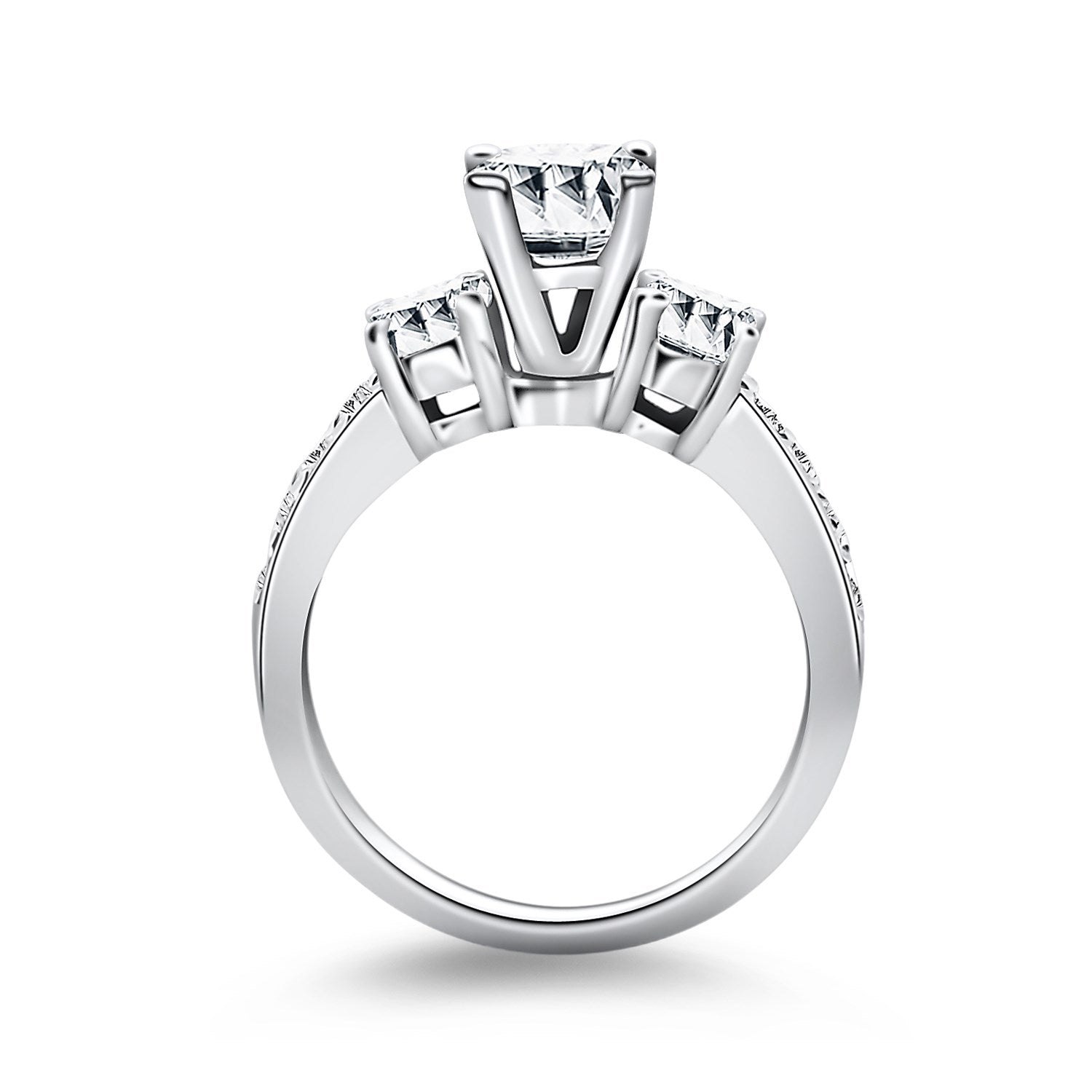 14k white gold three stone engagement ring with round diamonds in a modern prong setting, showcasing timeless elegance.