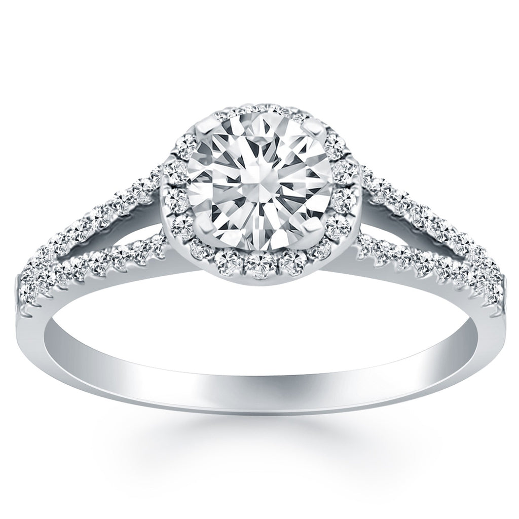 14k white gold diamond halo split shank engagement ring featuring a stunning round center stone in a modern design.