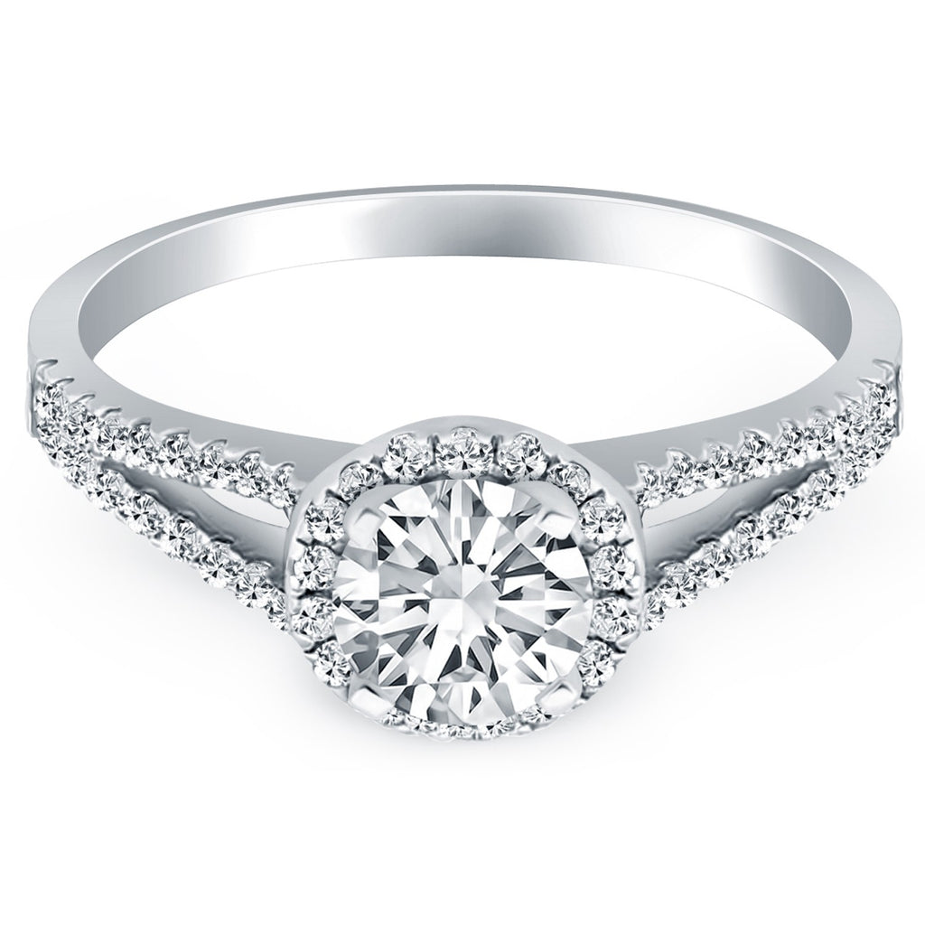 14k white gold diamond halo split shank engagement ring featuring a stunning round center stone in modern design.