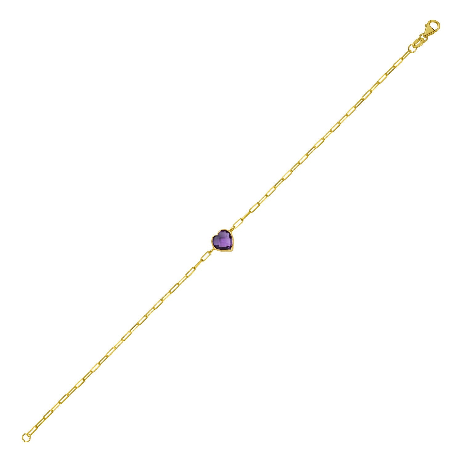 14k yellow gold amethyst heart bracelet with minimalist bezel setting and delicate chain design.