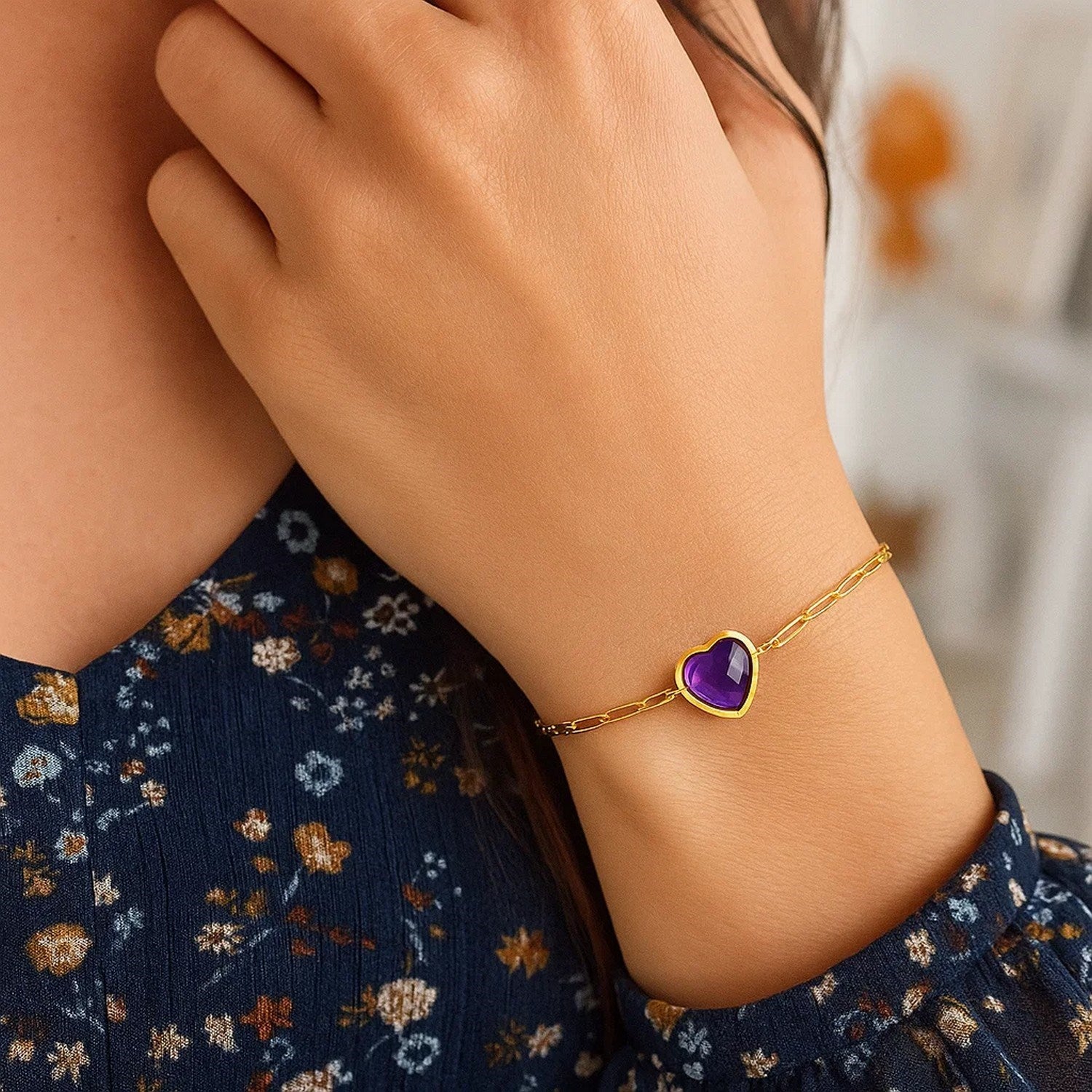 14k yellow gold amethyst heart bracelet with bezel setting and minimalist chain design, perfect for elegant layering.