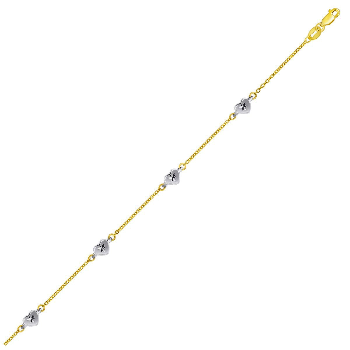 14k two-tone gold anklet featuring diamond cut heart style stations in a minimalist design.
