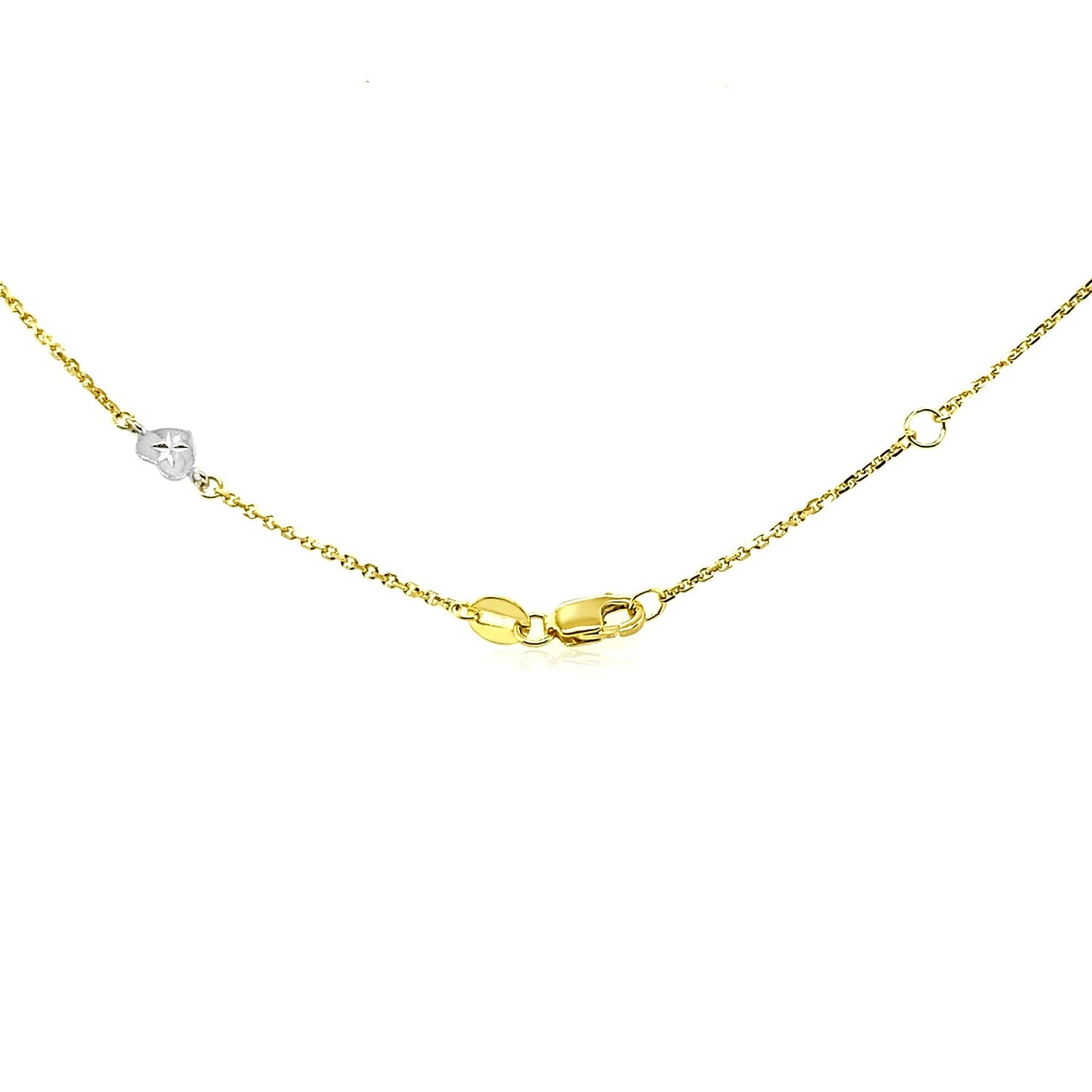 14k two-tone gold anklet featuring diamond cut heart style stations, minimalist design with elegant chain and stud accents.