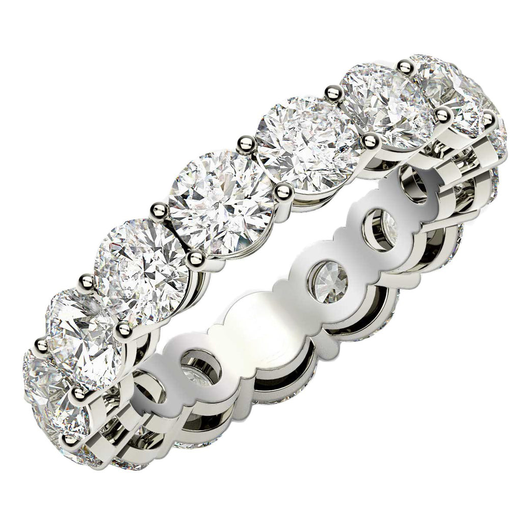 Round cut lab-grown diamond eternity ring in 14k white gold, featuring a modern prong setting and 5 cttw brilliance.