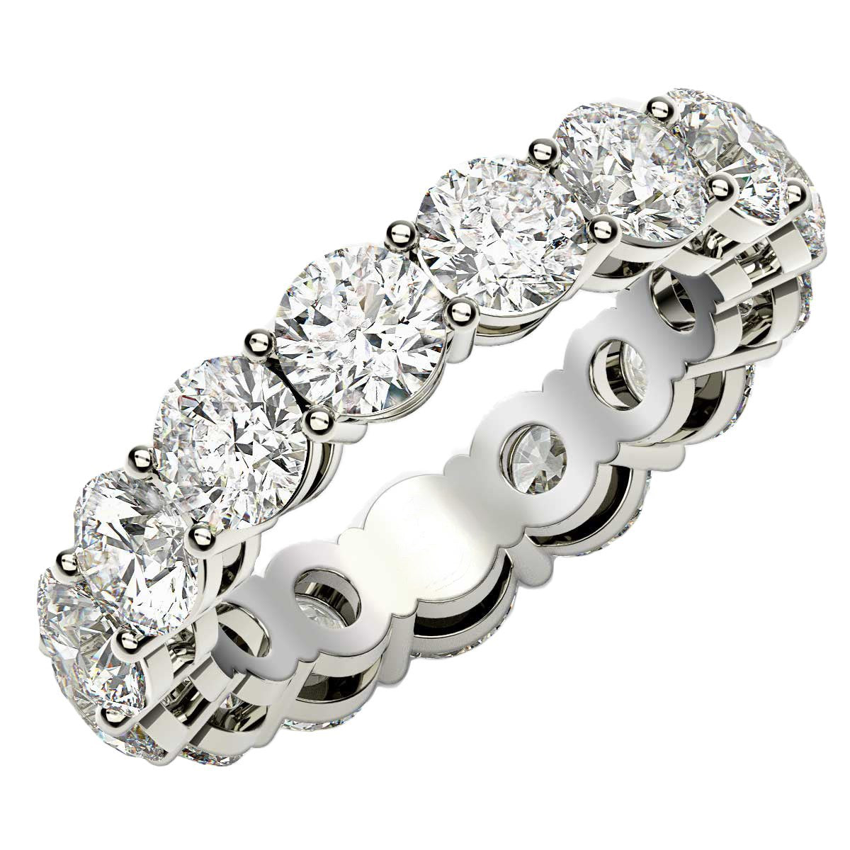 Round cut lab-grown diamond eternity ring in 14k white gold, featuring a modern prong setting and 5 cttw brilliance.
