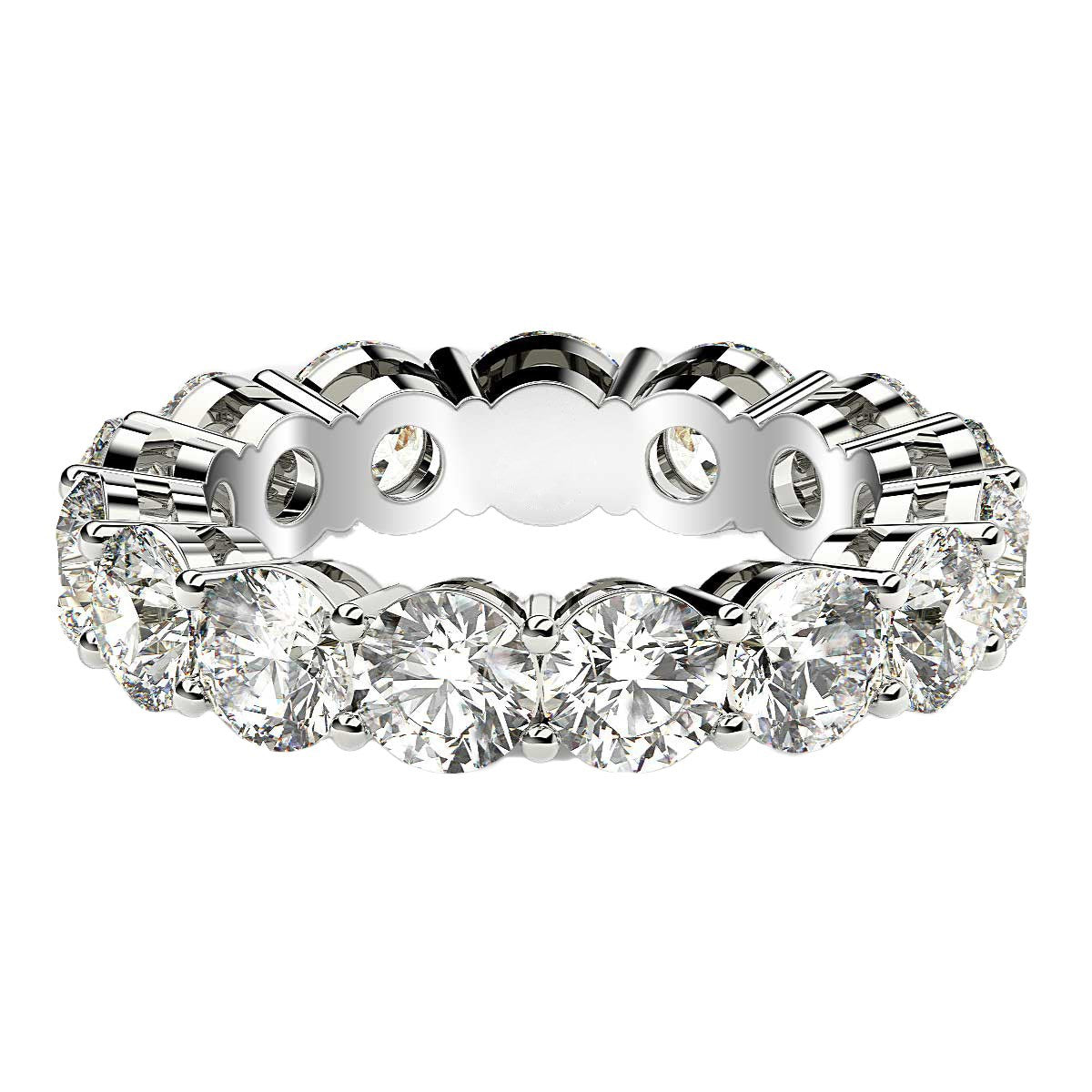 Round cut lab-grown diamond eternity ring in 14k white gold, featuring a modern prong setting and 5 cttw brilliance.