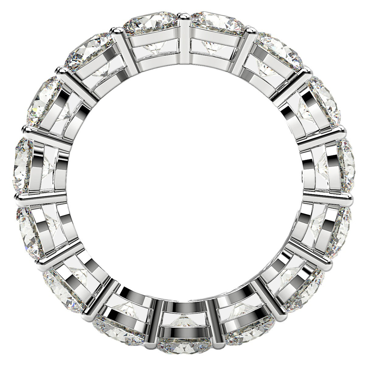 Round cut lab-grown diamond eternity ring in 14k white gold, featuring a modern prong setting and 5 cttw brilliance.