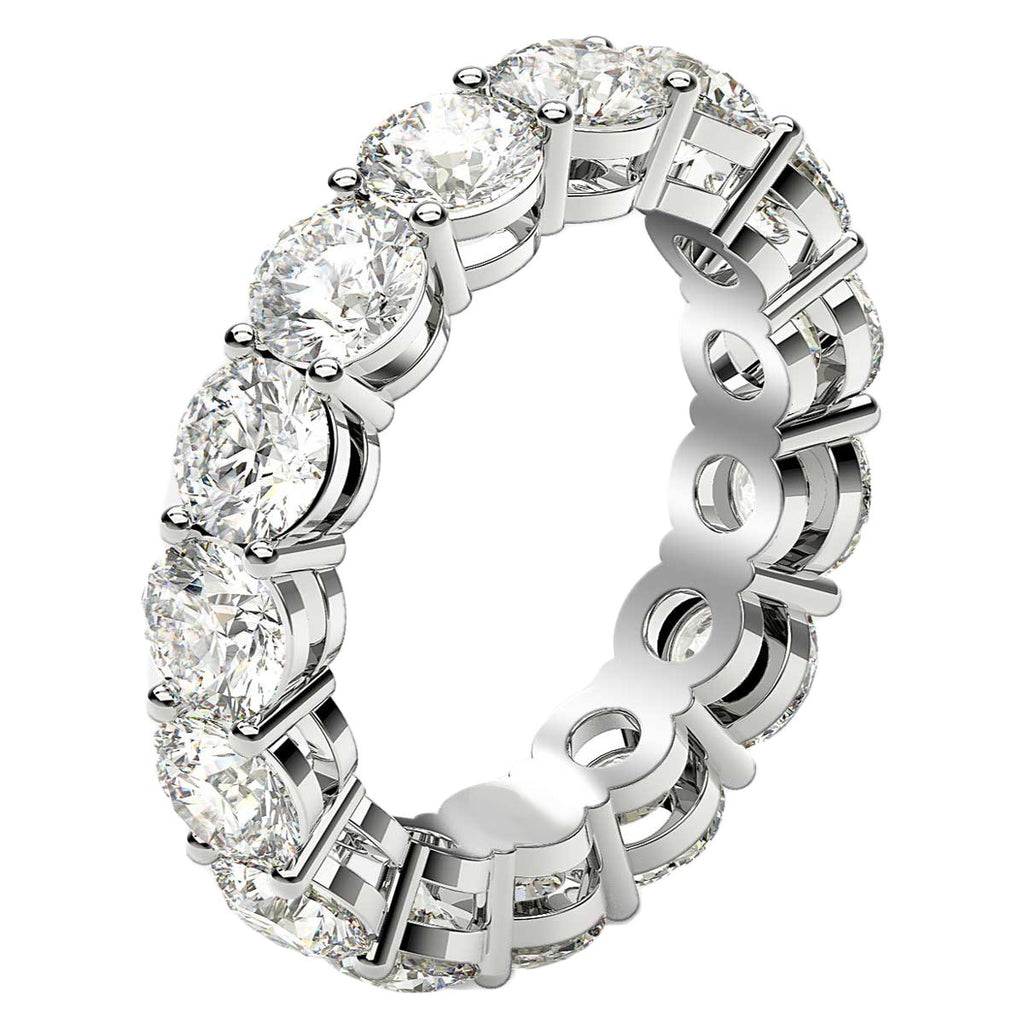 Round cut lab-grown diamond eternity ring in 14k white gold, featuring a modern prong setting and 5 cttw brilliance.