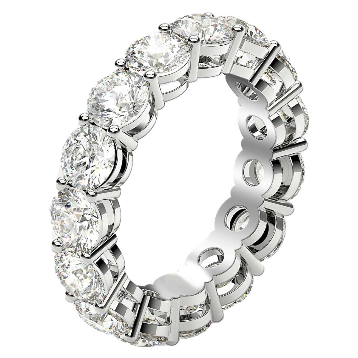Round cut lab-grown diamond eternity ring in 14k white gold, featuring a modern prong setting and 5 cttw brilliance.