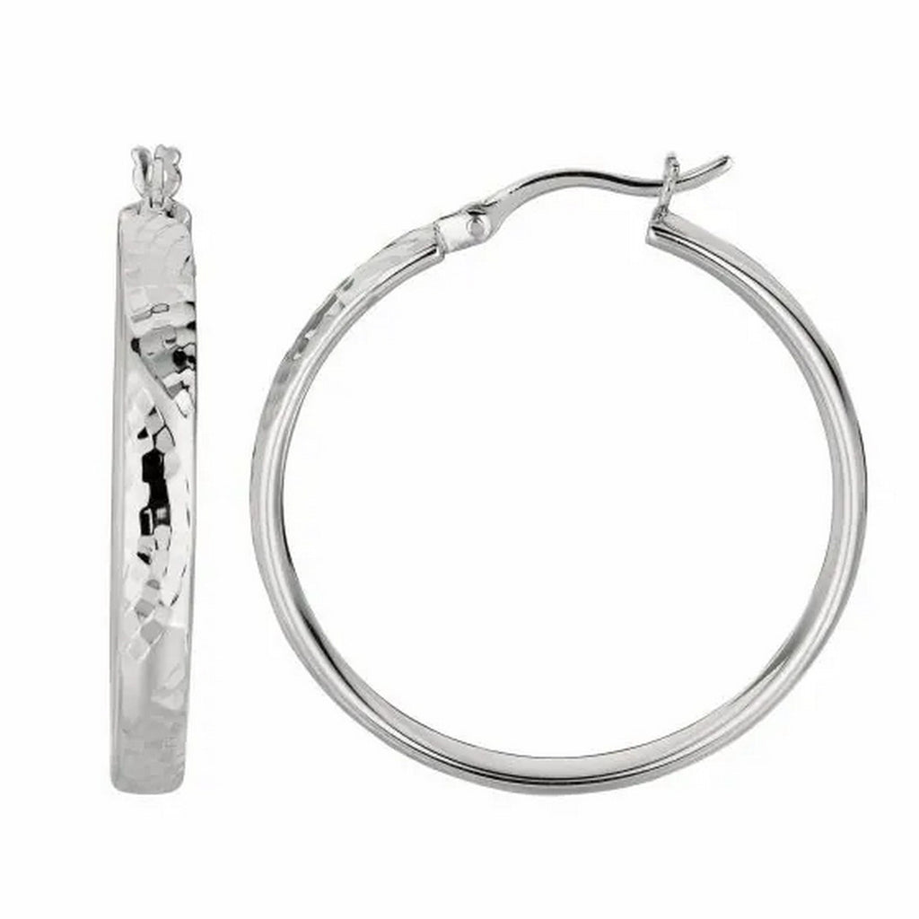 Sterling silver hammered hoop earrings with rhodium plating, modern design, 4x30mm, perfect for elegant occasions.