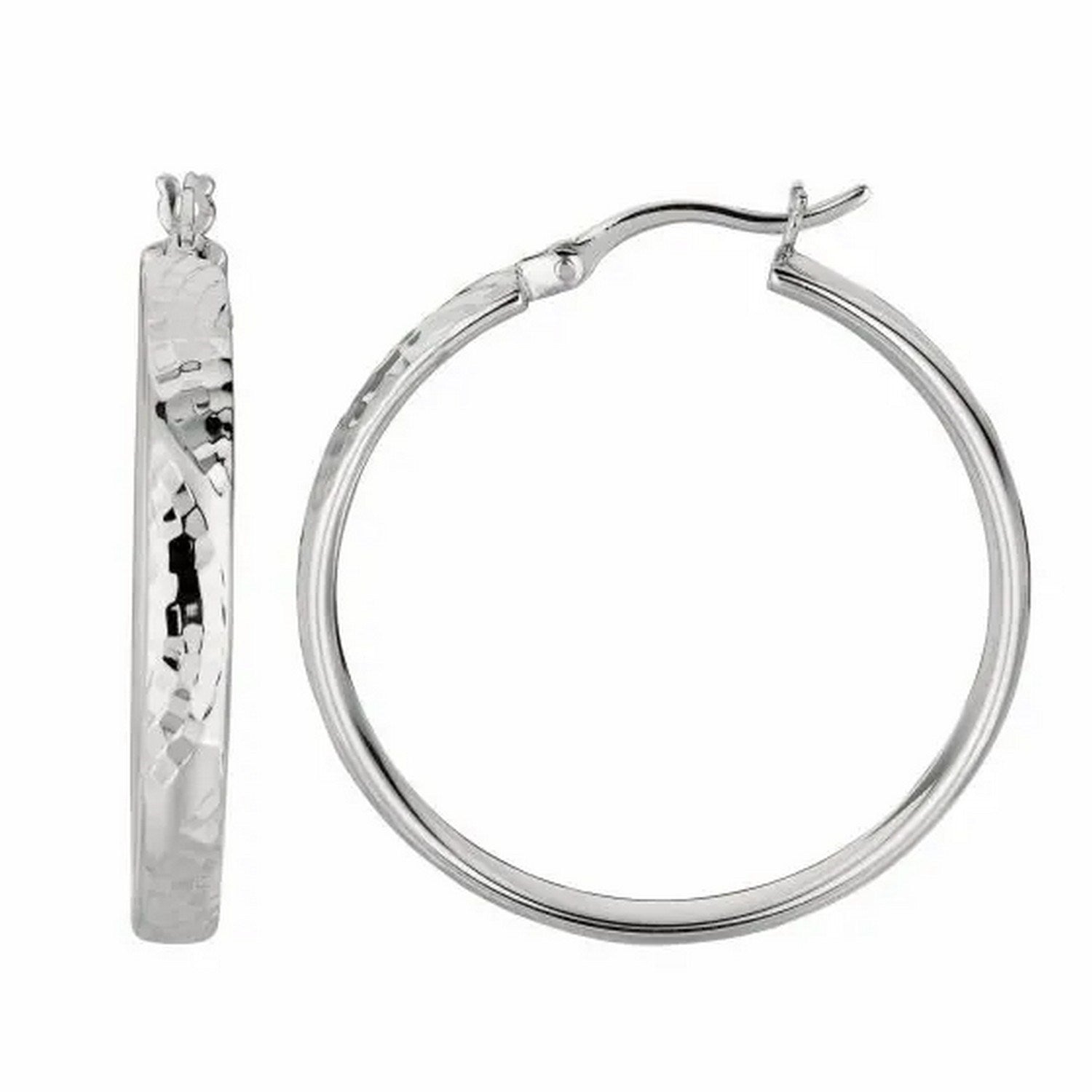 Sterling silver hammered hoop earrings with rhodium plating, modern design, 4x30mm, perfect for elegant occasions.