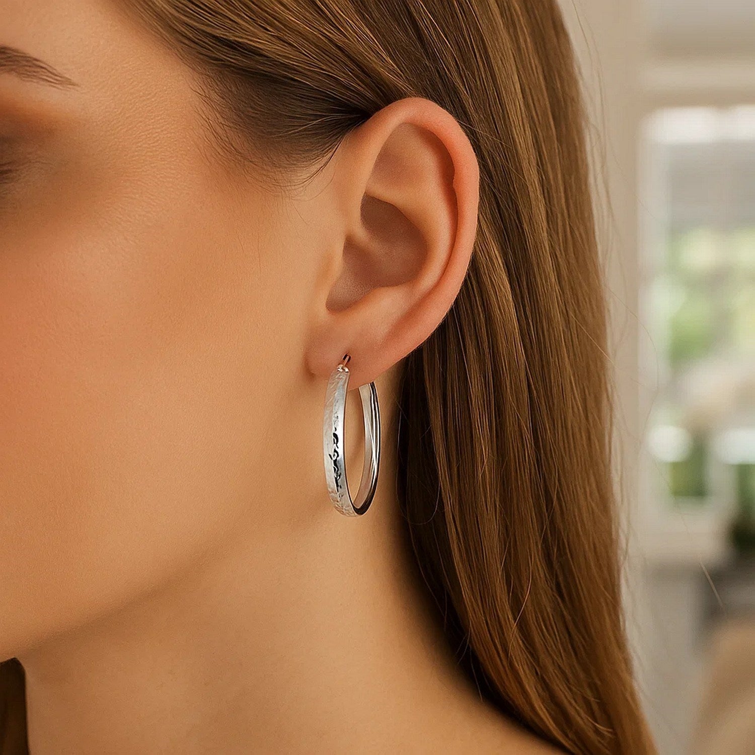Sterling silver hammered hoop earrings with rhodium plating, modern design, elegant texture, 4x30mm size.