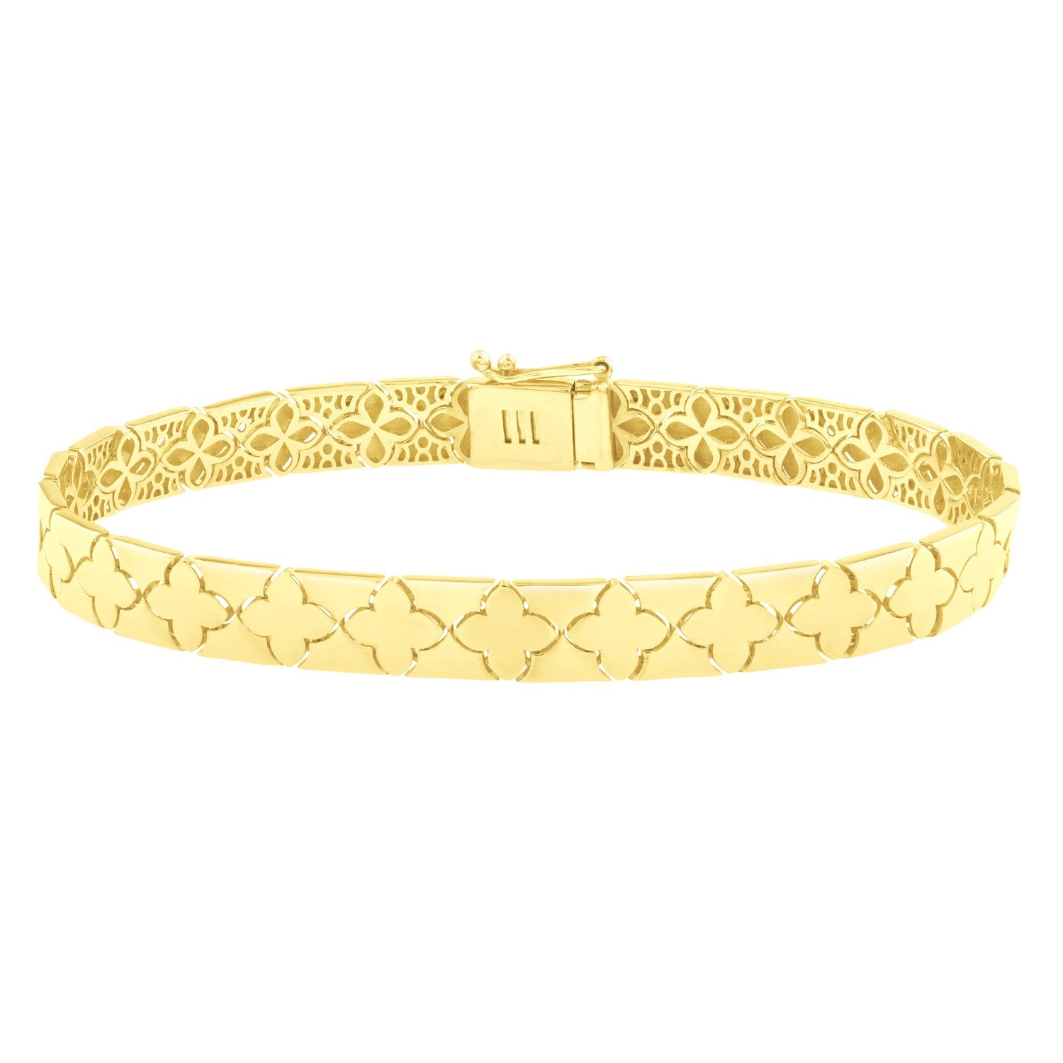Nature-inspired 14k yellow gold clover bracelet featuring elegant link design, perfect for modern luxury style.