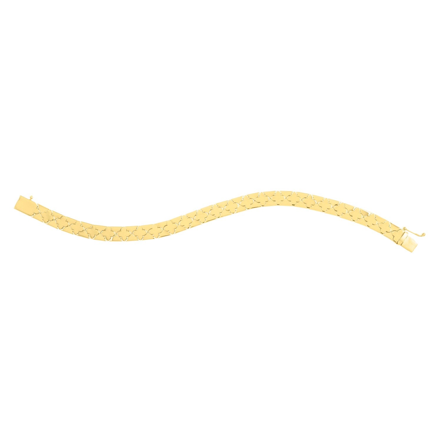 Nature-inspired 14k yellow gold clover bracelet featuring elegant links and a modern design.