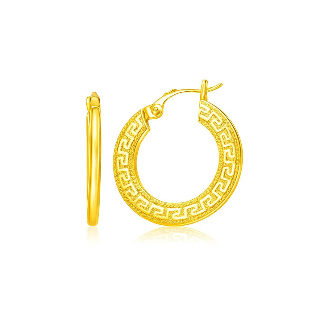 14k yellow gold medium hoop earrings featuring a modern Greek key design, perfect for elegant everyday wear.