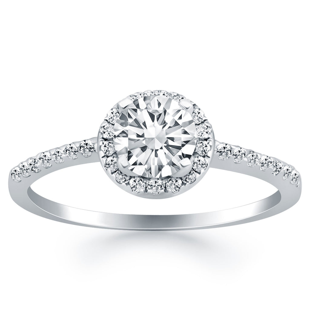 14k white gold diamond halo engagement ring with a modern prong setting and exquisite brilliance.