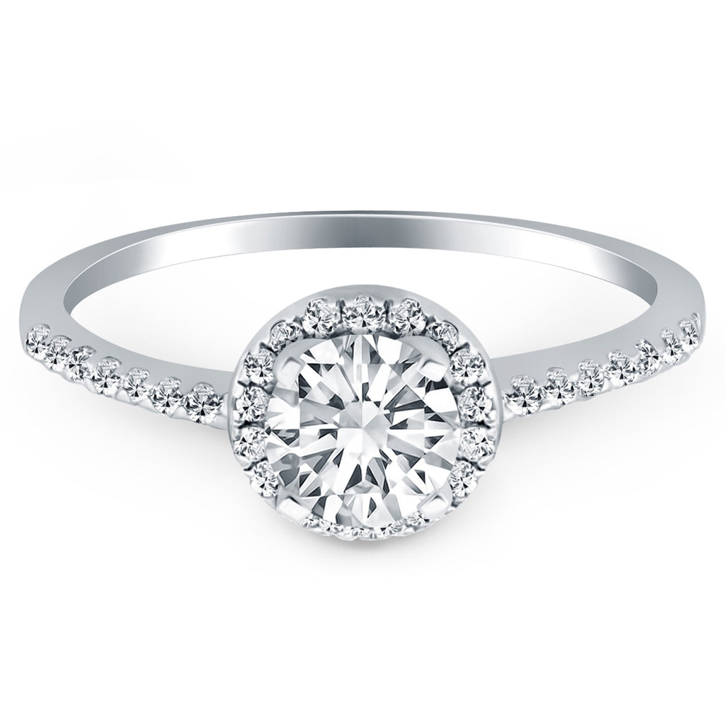14k white gold diamond halo engagement ring with elegant prong setting and modern design, showcasing exquisite craftsmanship.
