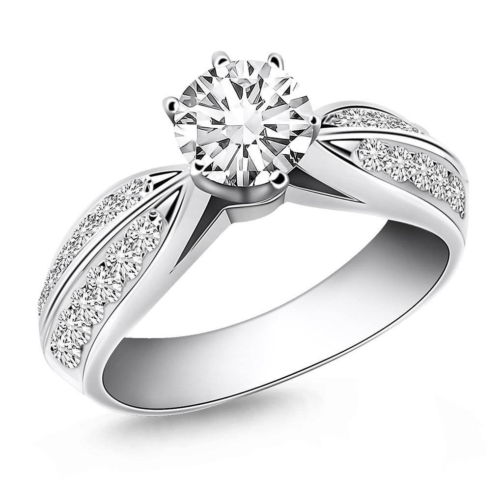 14k white gold cathedral double row pave diamond engagement ring with elegant round diamonds and timeless design.