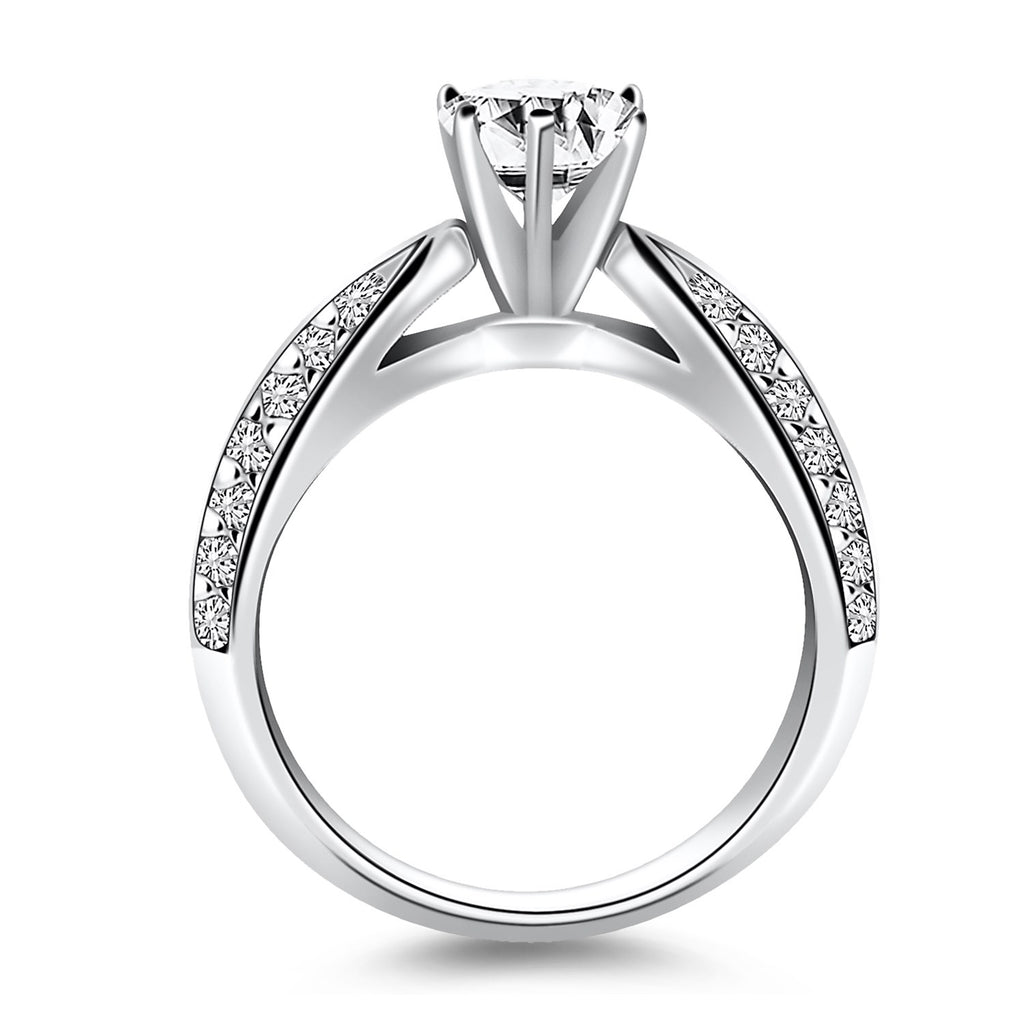 14k white gold cathedral engagement ring featuring double row pave diamonds and elegant round design.