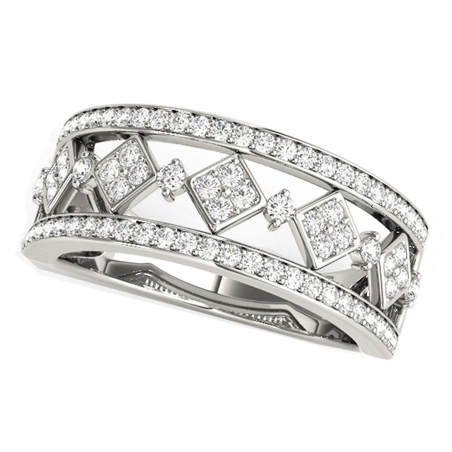 Diamond studded square motif ring in 14k white gold with modern prong setting, featuring 1/2 cttw of brilliant diamonds.