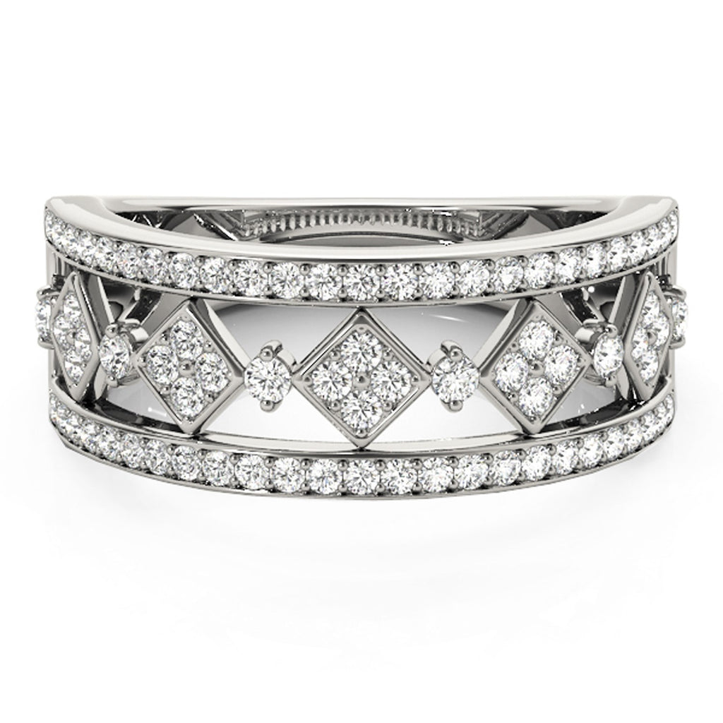Diamond studded square motif ring in 14k white gold, featuring a modern design and prong-set round diamonds.