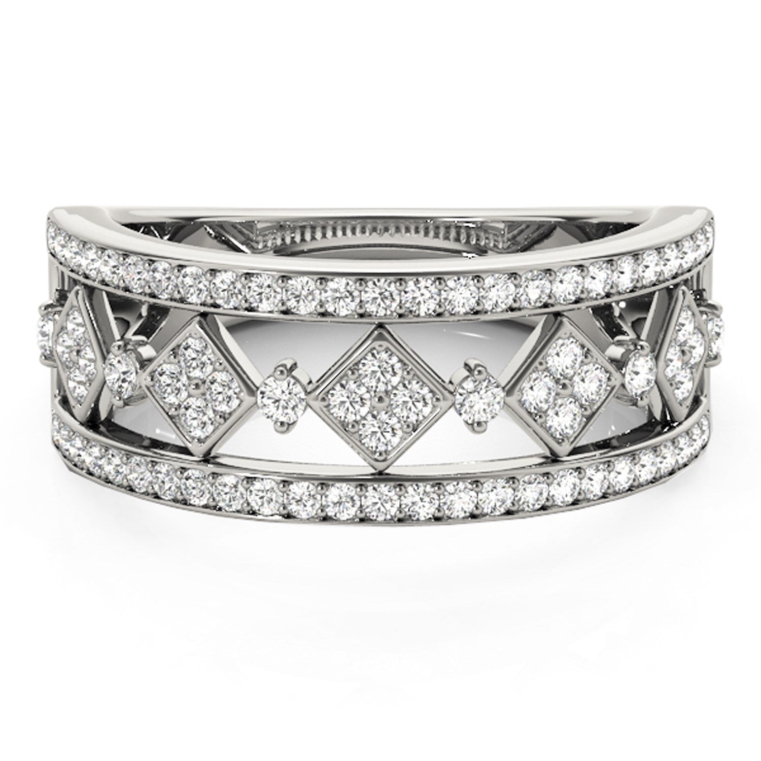Diamond studded square motif ring in 14k white gold, featuring a modern design and prong-set round diamonds.