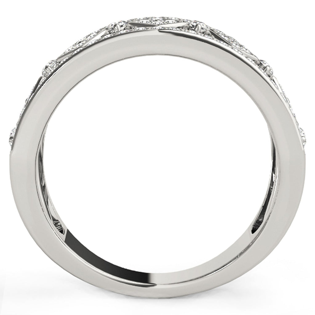 Diamond-studded square motif ring in 14k white gold with prong-set round diamonds, showcasing modern elegance.