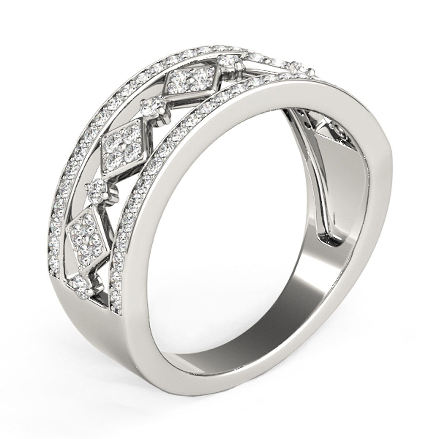 Diamond studded square motif ring in 14k white gold, featuring a modern prong setting and exquisite round diamonds.