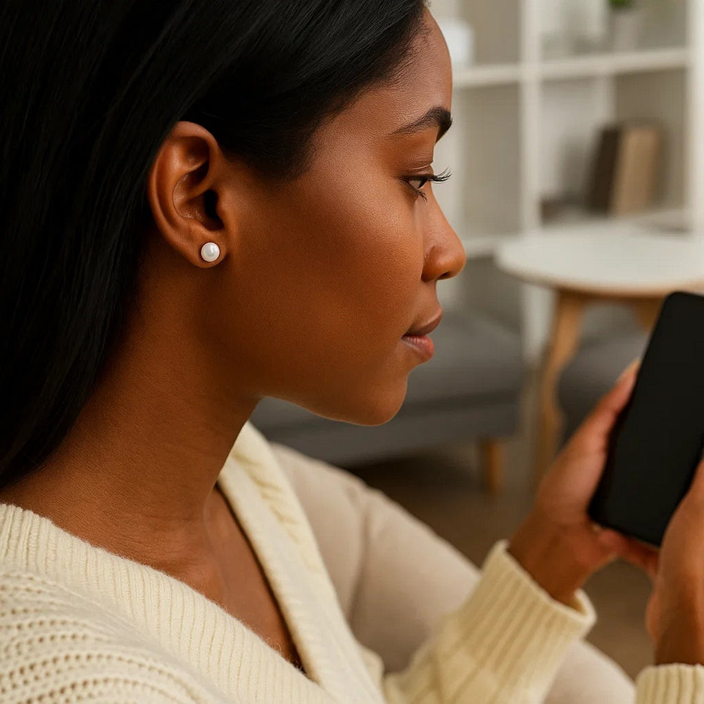 14k yellow gold stud earrings featuring lustrous freshwater cultured white pearls in a modern design.