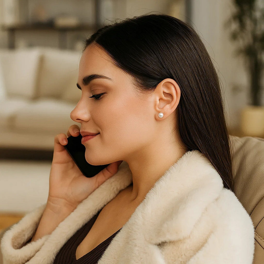 14k yellow gold stud earrings featuring round freshwater cultured white pearls in a modern design.