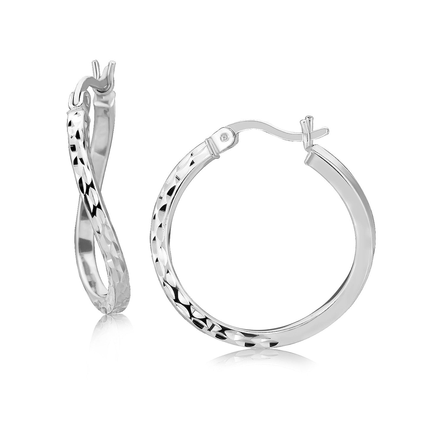 Sterling Silver Rhodium Plated Diamond Cut Hoop Earrings
