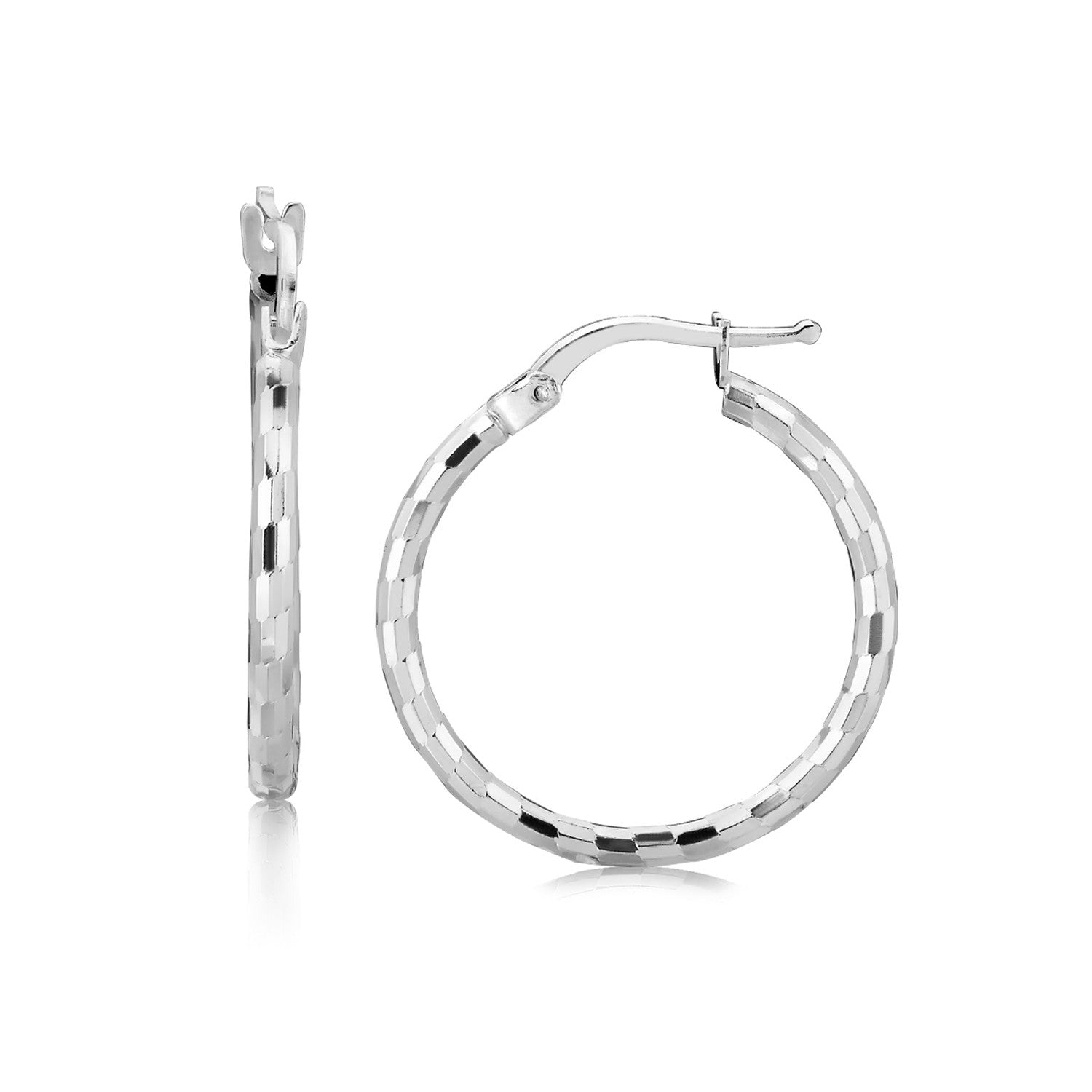 Sterling Silver Diamond Cut Hoop Earrings with Rhodium Plating