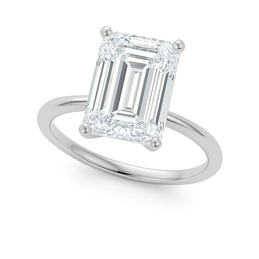 5 carat emerald lab-grown diamond solitaire ring in 14k white gold with elegant prong setting, modern luxury design.