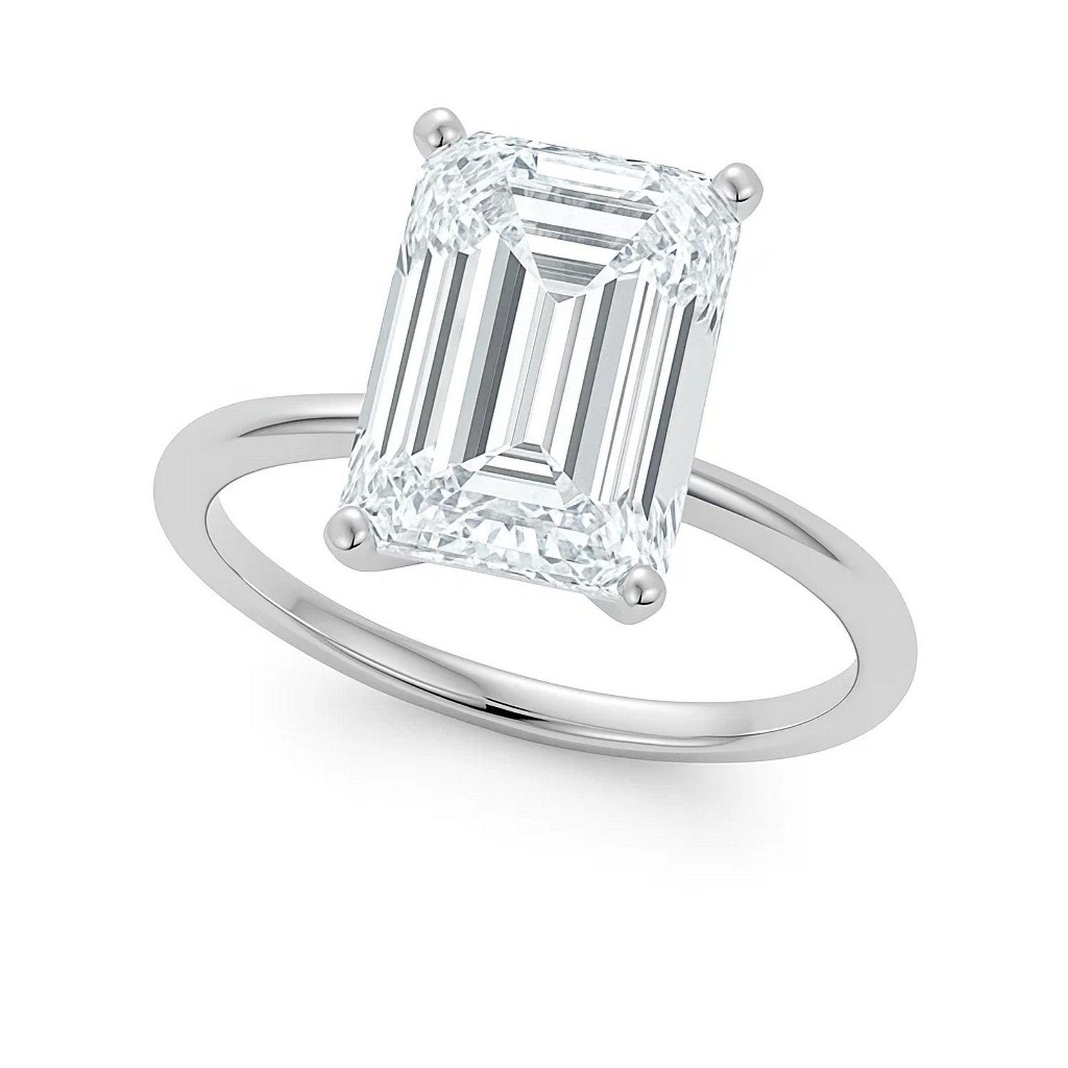 5 carat emerald lab-grown diamond solitaire ring in 14k white gold with elegant prong setting, modern luxury design.