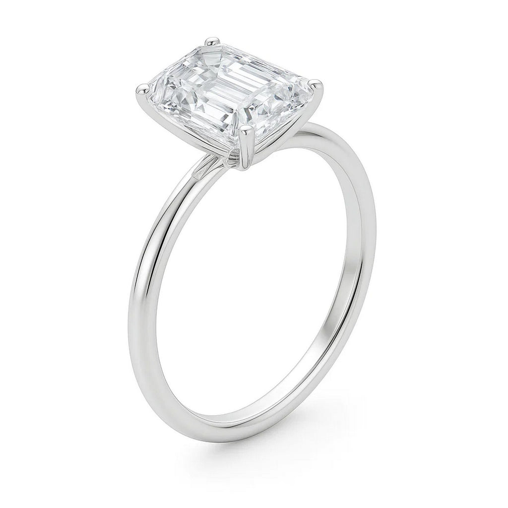 5 carat emerald lab-grown diamond solitaire ring in 14k white gold with elegant prong setting, modern design.