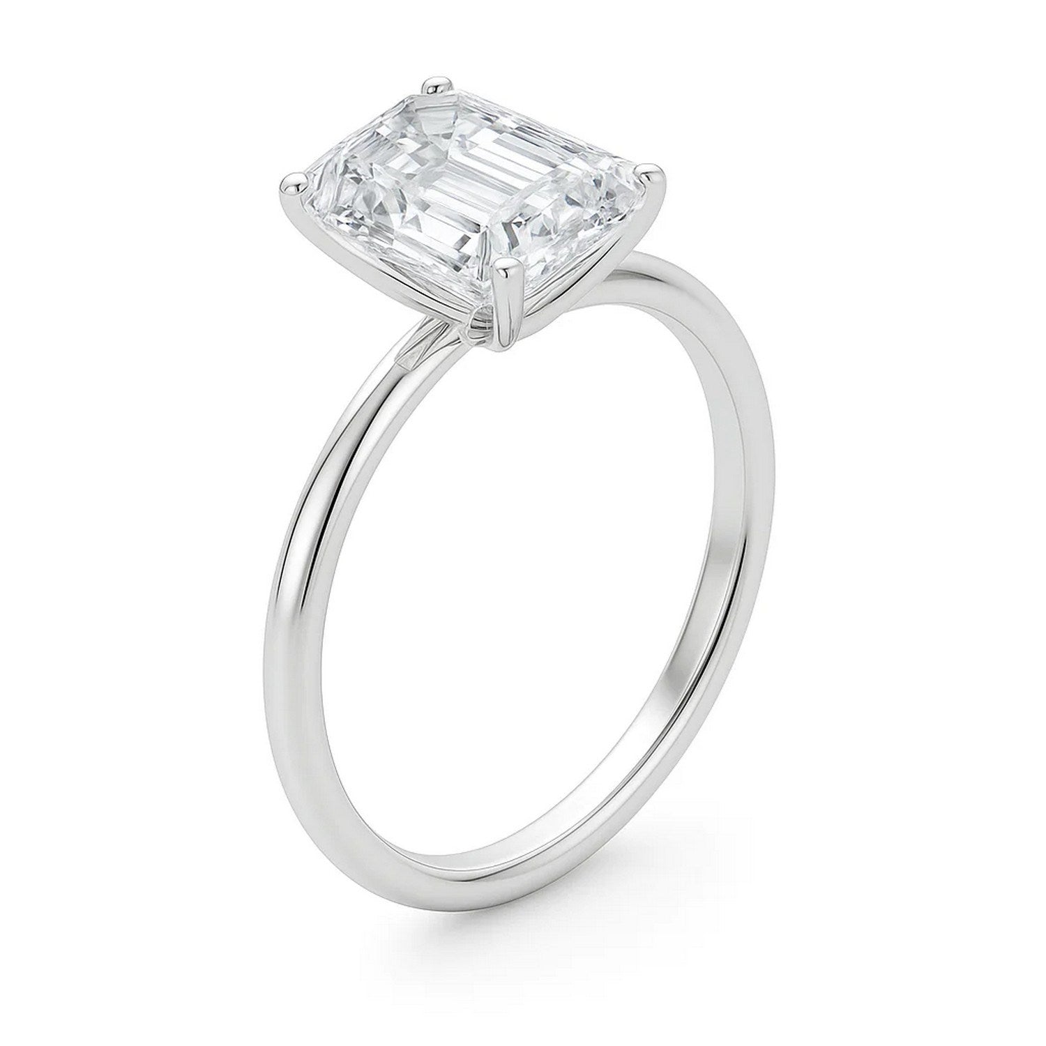5 carat emerald lab-grown diamond solitaire ring in 14k white gold with elegant prong setting, modern design.