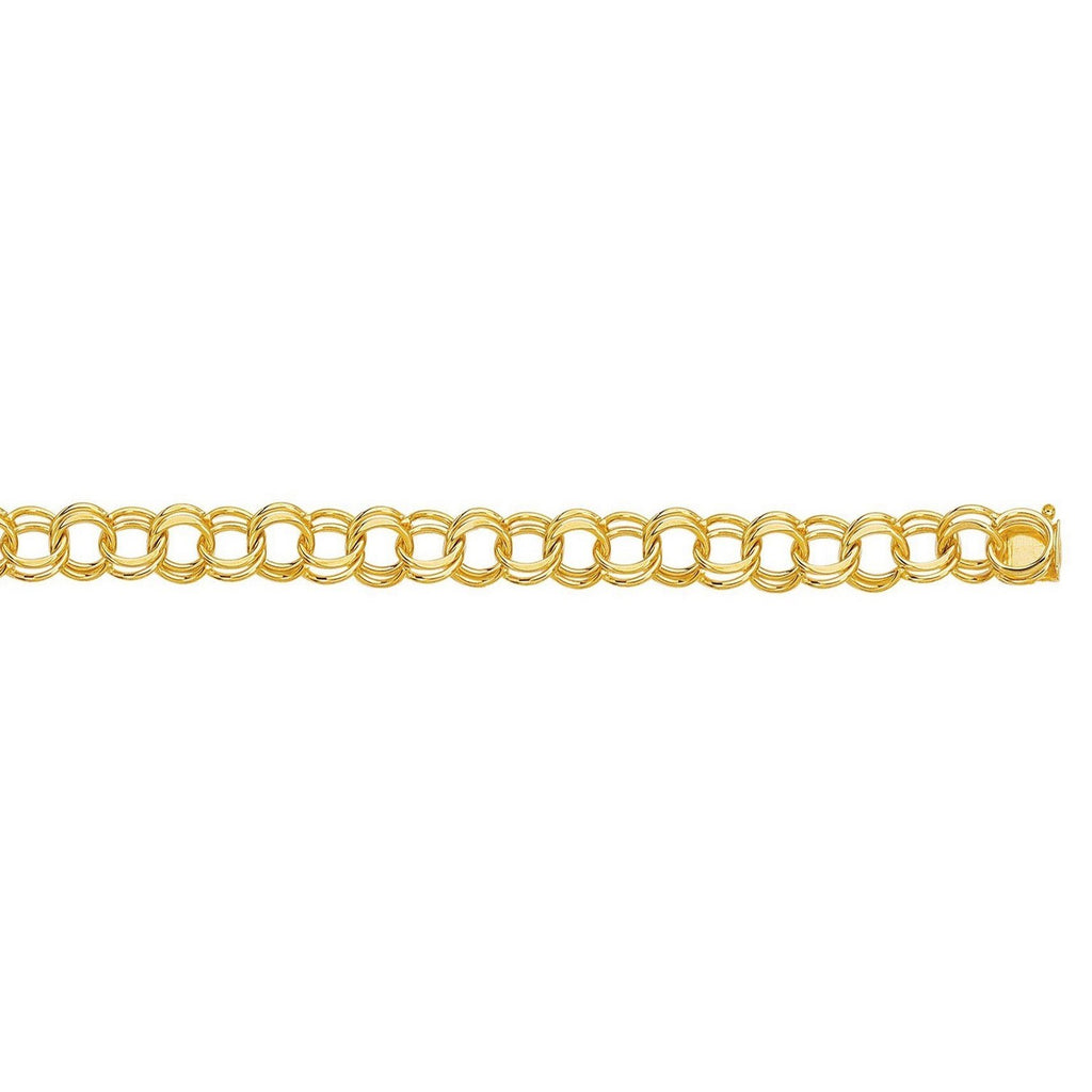 Elegant 14k yellow gold double link charm bracelet showcasing a refined design and luxurious craftsmanship.