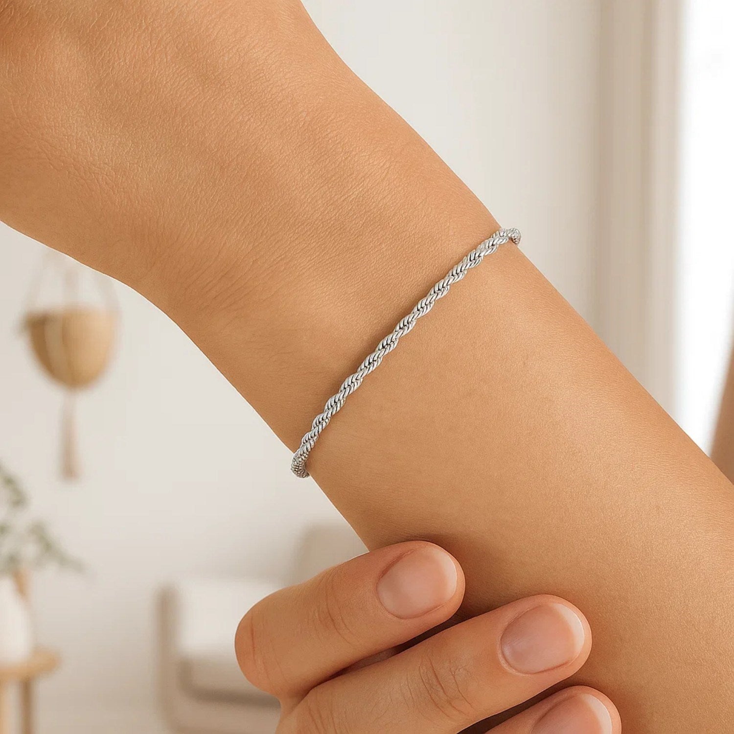 14k white gold diamond cut rope bracelet, modern luxury design, showcasing exquisite craftsmanship and elegance.