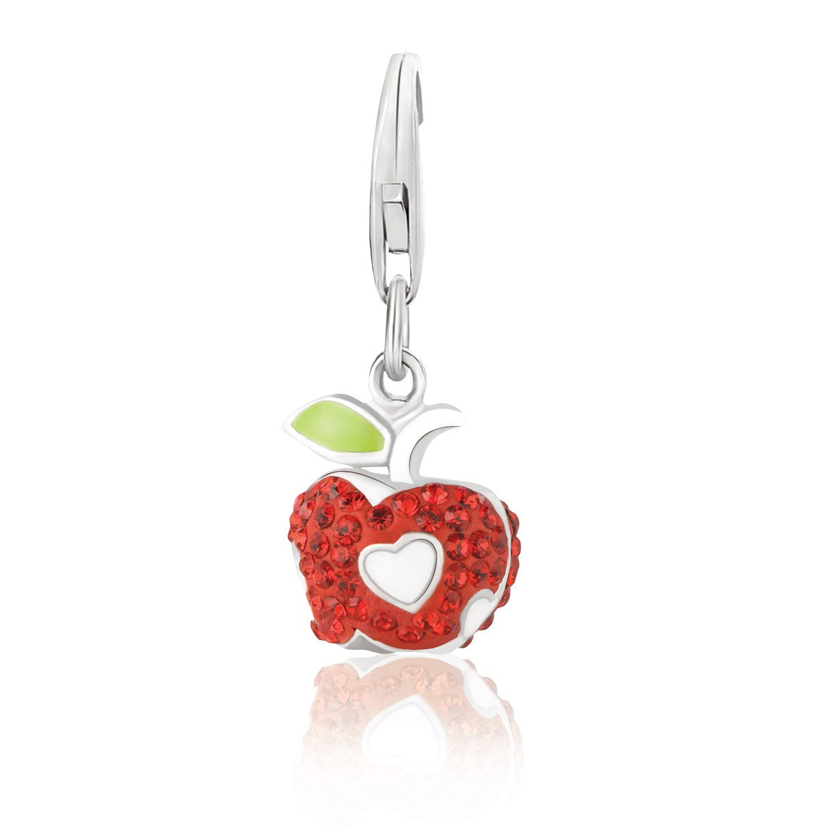 Sterling Silver Heart Shaped Apple Motif Charms Garnished with Red Tone Crystals