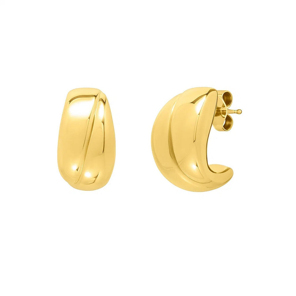 14K yellow gold modern puffed up split hoop earrings, showcasing a sleek and sophisticated design for luxury elegance.