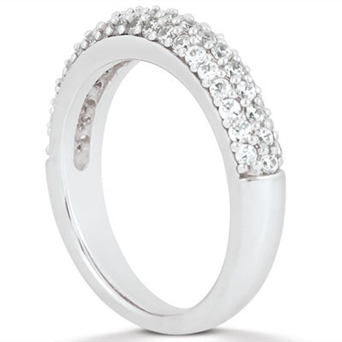 Elegant 14k white gold triple multi-row micro-pave diamond wedding ring band showcasing exquisite round diamonds.