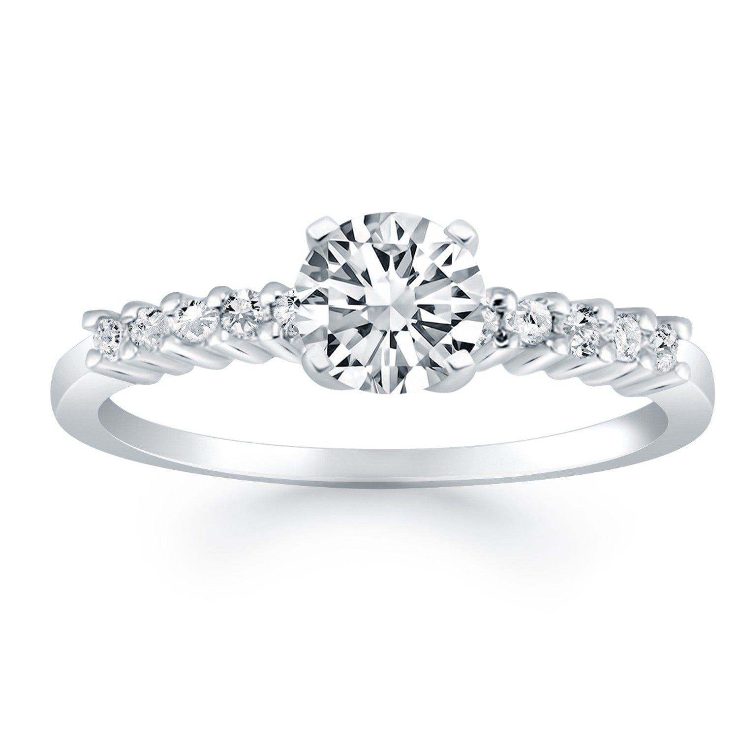 14k white gold engagement ring featuring shared prong-set diamonds in a modern round design.