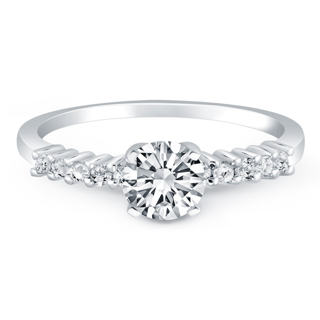 14k white gold shared prong accent diamond engagement ring featuring a modern round design and exquisite sparkle.