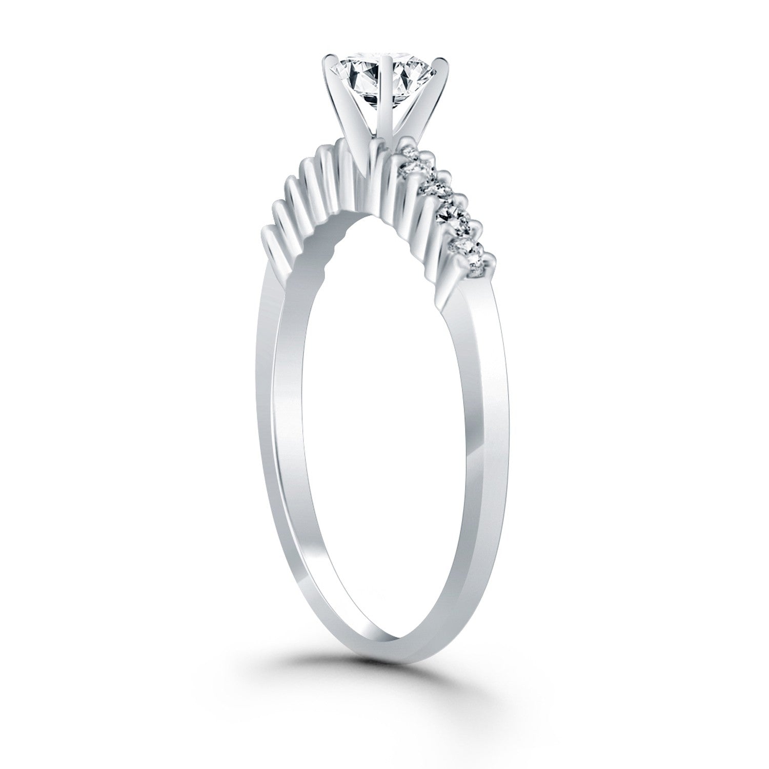 14k white gold shared prong accent diamond engagement ring featuring a modern round design for timeless elegance.