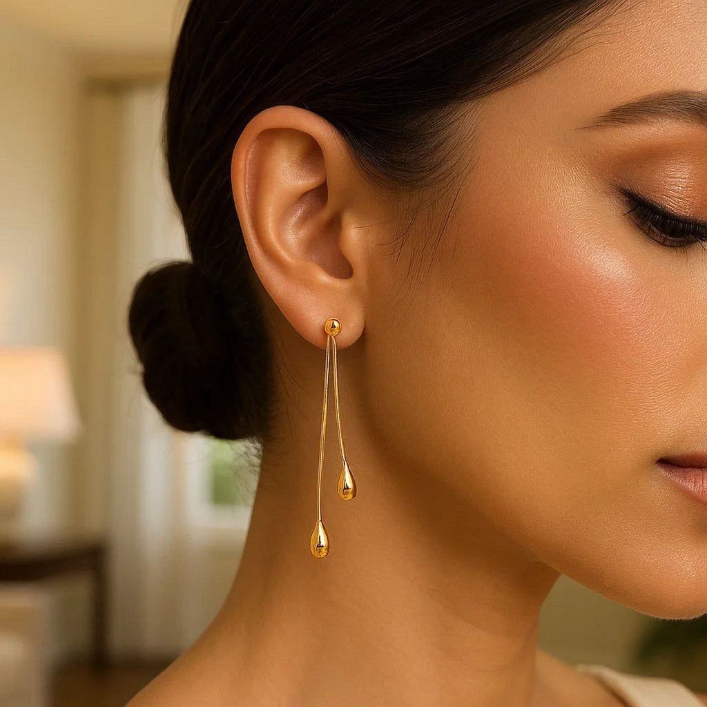 14k yellow gold polished double drop earrings featuring elegant stud design for a timeless luxury look.