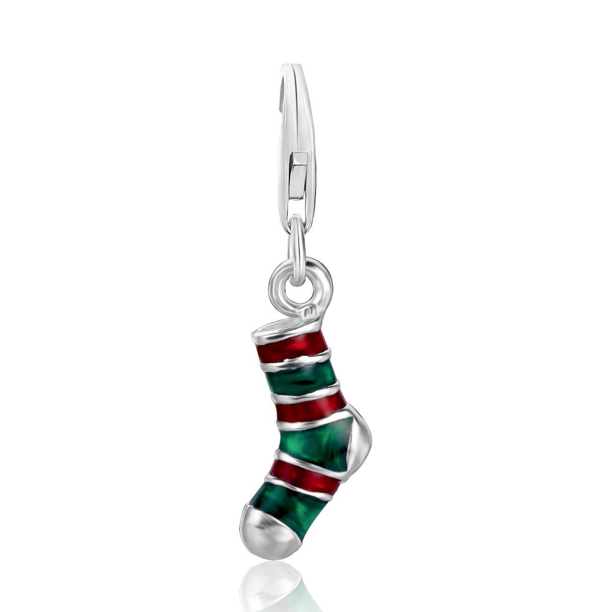 Sterling Silver Charms: Stocking Charm in Red and Green Enamel Coating