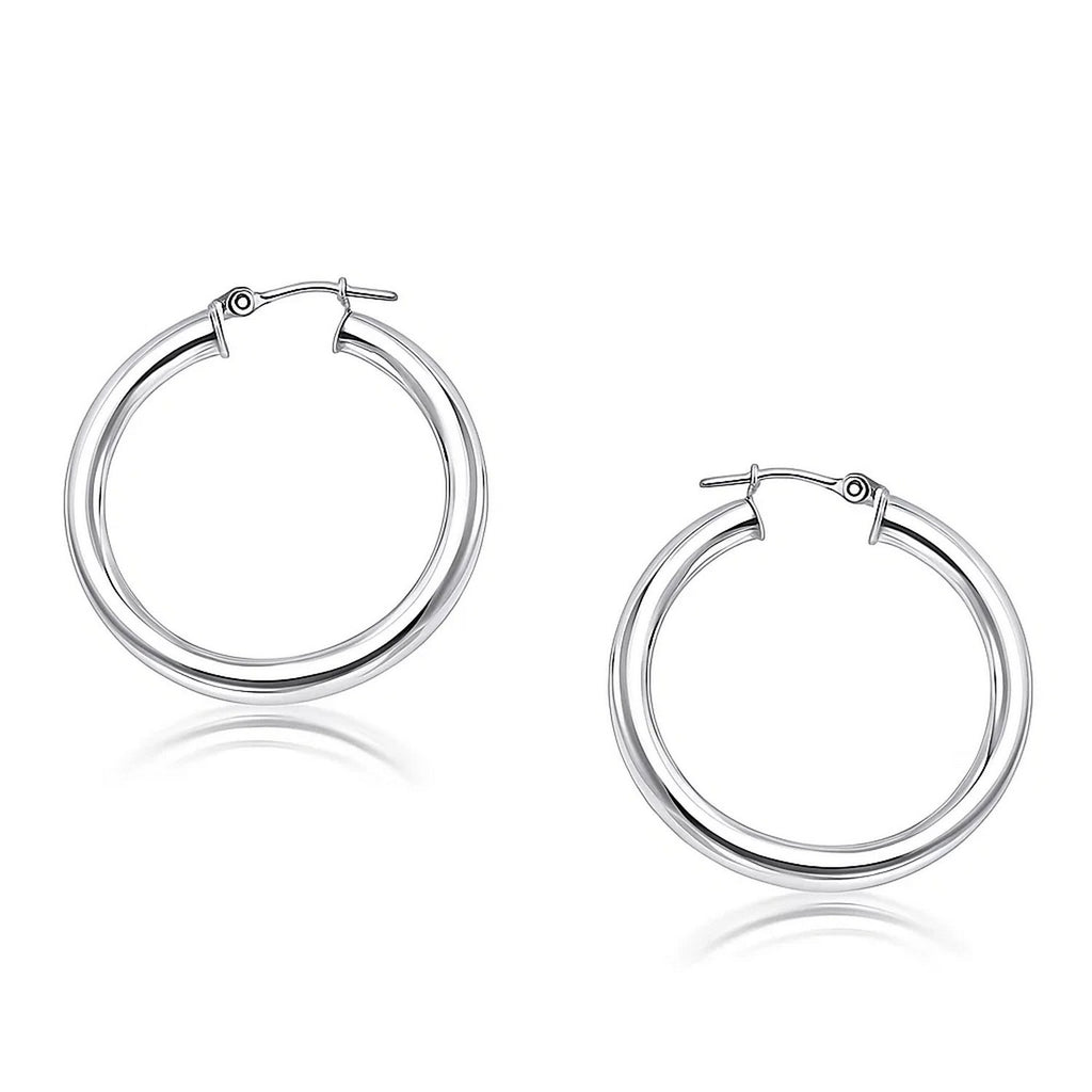 14k white gold polished hoop earrings with a sleek modern design, perfect for elegant everyday wear.