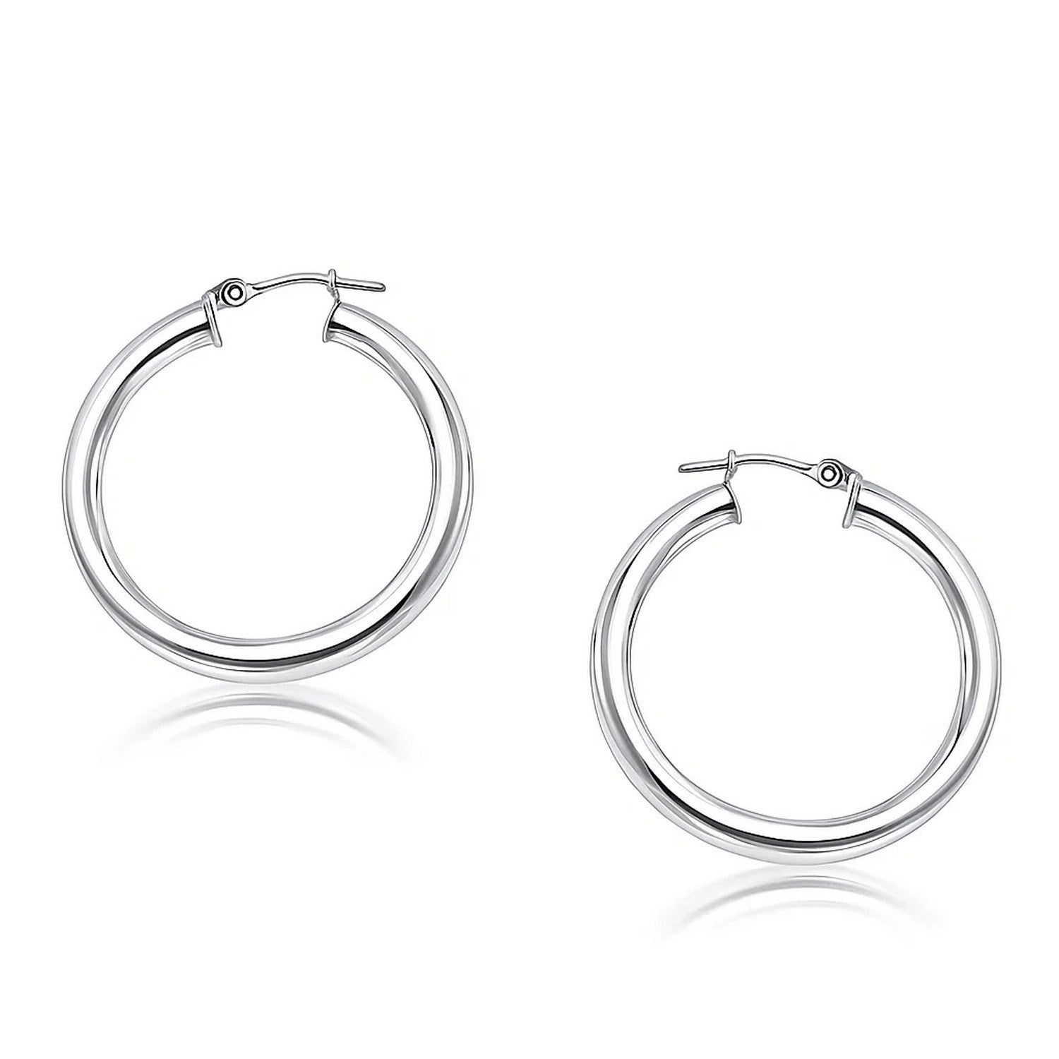 14k white gold polished hoop earrings with a sleek modern design, perfect for elegant everyday wear.
