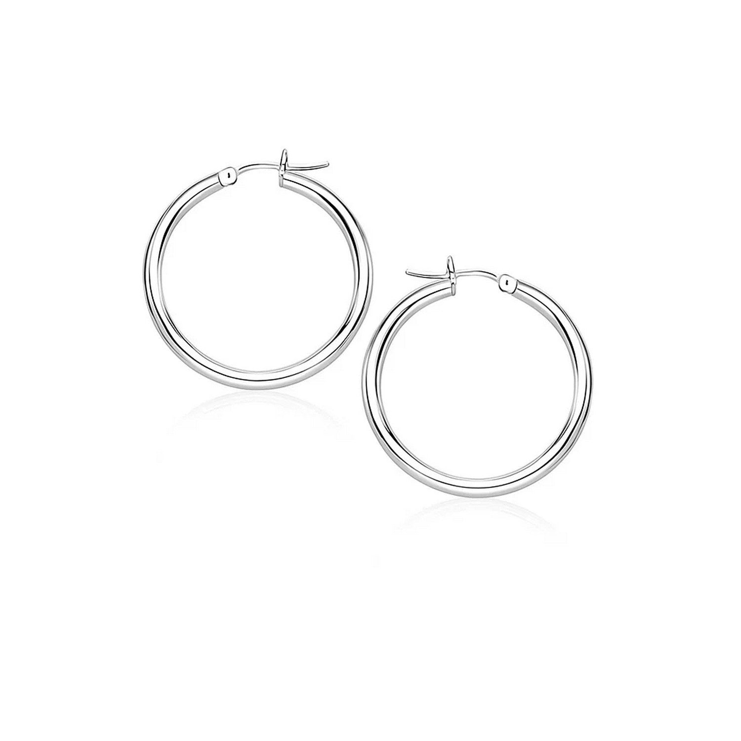 14k white gold polished hoop earrings with a sleek modern design, perfect for elegant everyday wear.